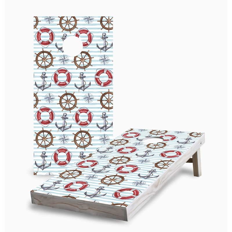 Nautical Stripe Pattern Cornhole Game (Choose Wraps or Boards) - 2x4 Boards (24" x 48") - Include Case + Edge Lights