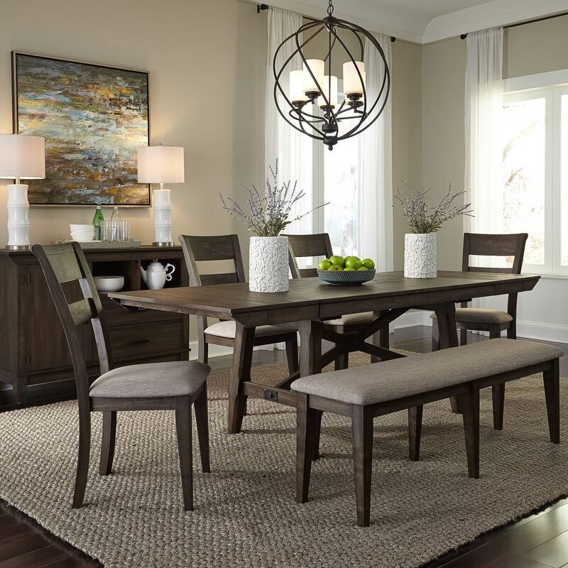 Double Bridge Dark Chestnut Trestle Table Set - Chestnut