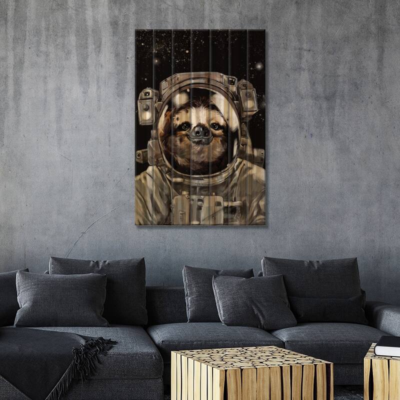 Astronaut Sloth Selfie Print On Wood by Big Nose Work - Multi-Color