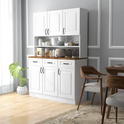 HOMCOM 71" Kitchen Pantry, Freestanding Buffet with Hutch, Farmhouse Microwave Cabinet with Countertop and Adjustable Shelves