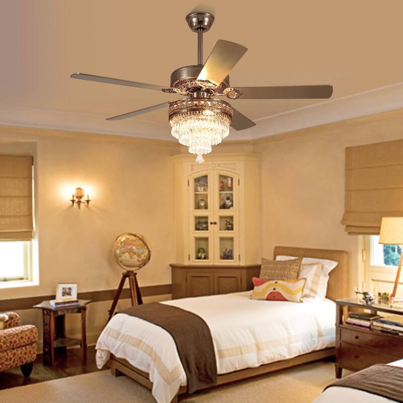 52 Inches Crystal Ceiling Fan Light,Chandelier,APP and Remote Control,5 Dual Side Plywood Blades,Reversible AC Motor - 52 Inches