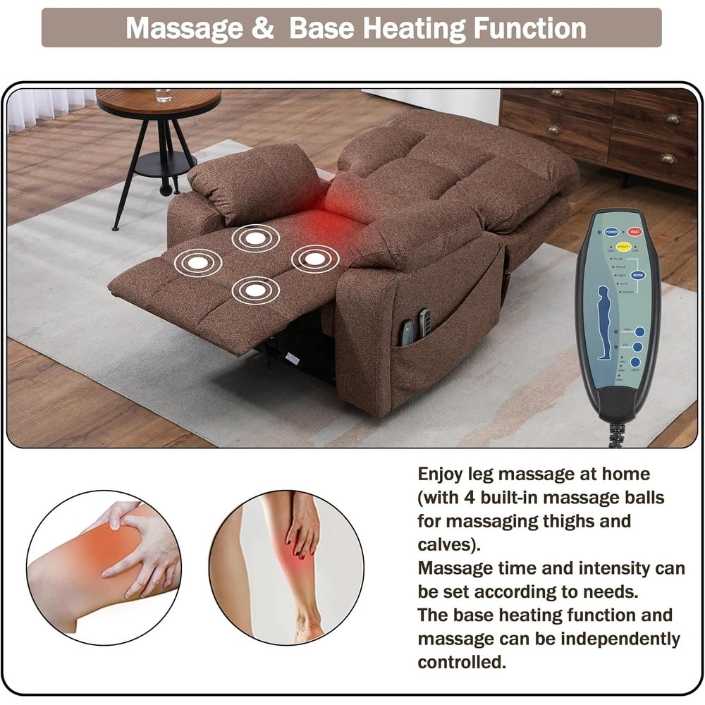 Luxury Electric Lift Recliner with Heat, Massage, 180° Recline, 4 OKIN Motors, Dual Remotes, and Cup Holders.