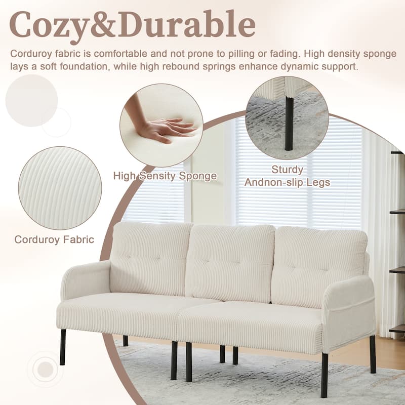 HOMEFUN Corduroy Upholstered Oversized Wood Frame Loveseat Sofa with Metal Legs and Side Pockets