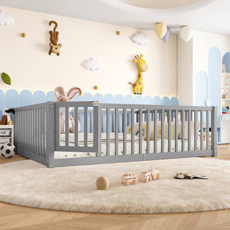 Montessori Floor Bed with Safety Guardrails & Door, Kids Low Profile Frame, Available in Queen/Full/Twin