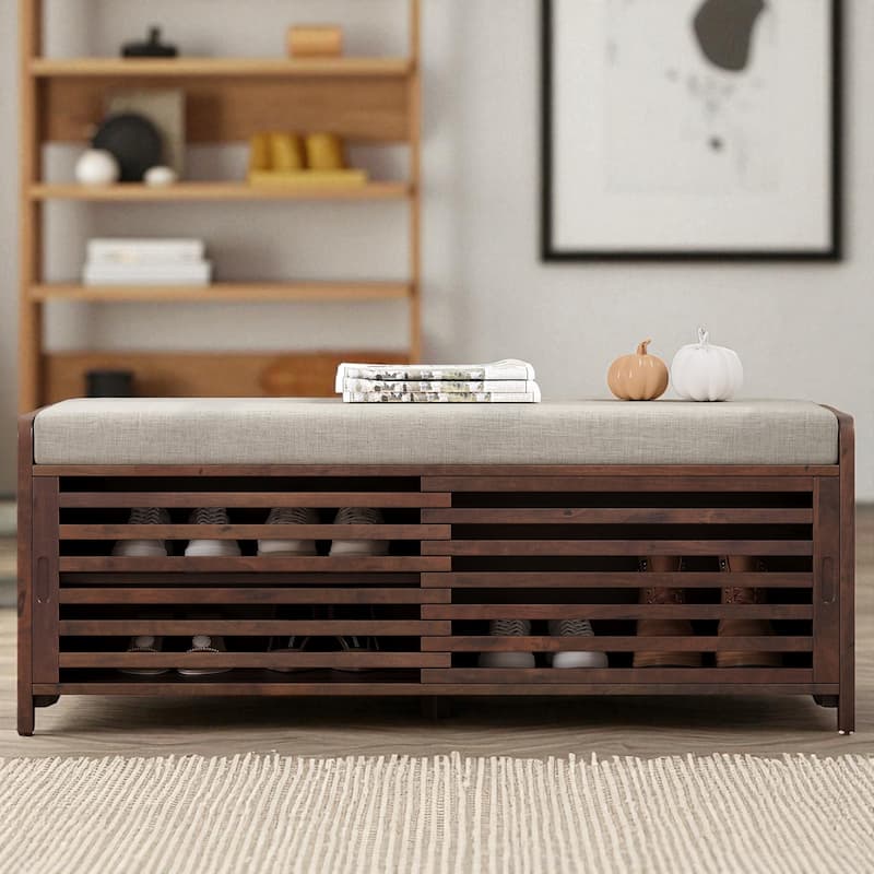 Distressed Shutter Shoe Bench with Cushion, Entryway Storage Bench with Sliding Door & Shelves, 43.3" Wide - Espresso
