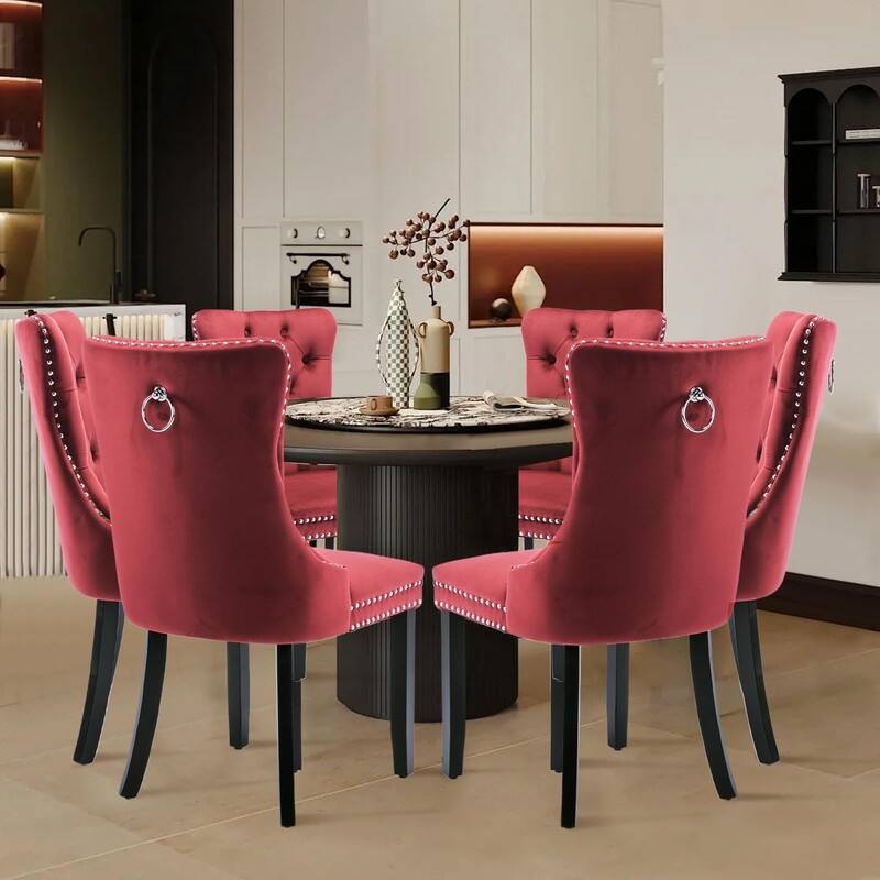 Tufted Naliheads Solid Wood Upholstered Dining Chairs Set of 6 - Burgundy BlackLegs