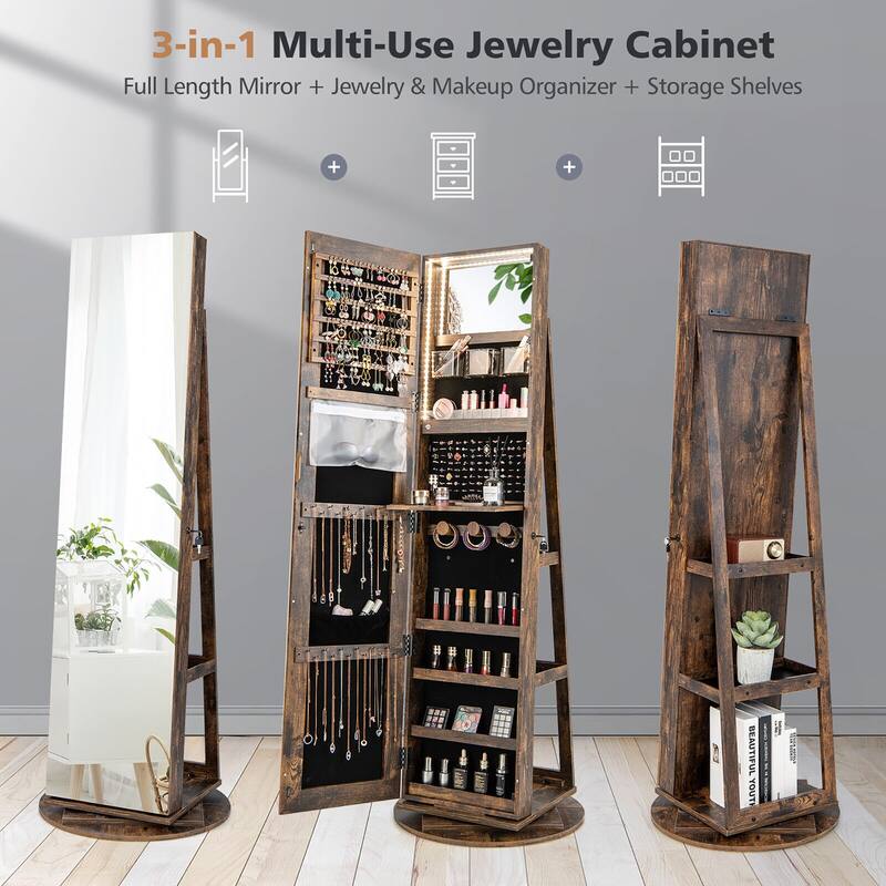 Gymax Rotating Mirrored Jewelry Cabinet with Mirror Storage Shelves
