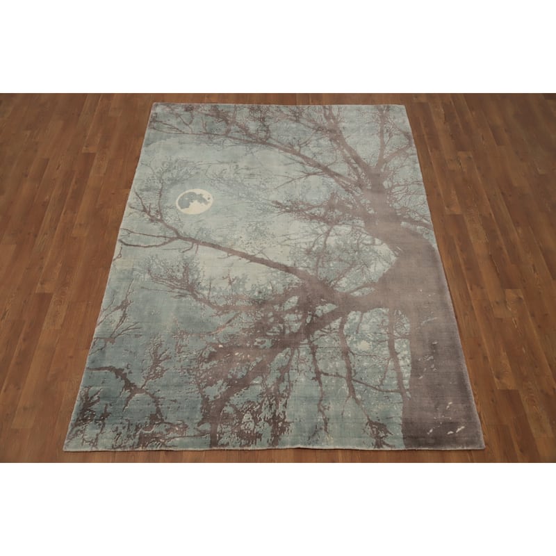 Hand Knotted Oriental Viscose Silk Carpet Modern Pictorial Green Abstract Area Rug - 7' 3'' X 5' 3''