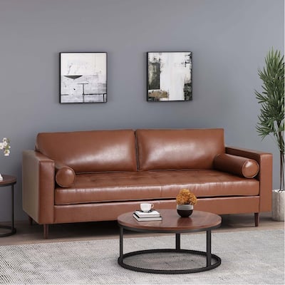 82.25 " Faux Leather Couch, Mid Century Modern Sofa Loveseat Couch w/ 2 Pillows, Solid Wood Frame, Home Sofa for Living Room
