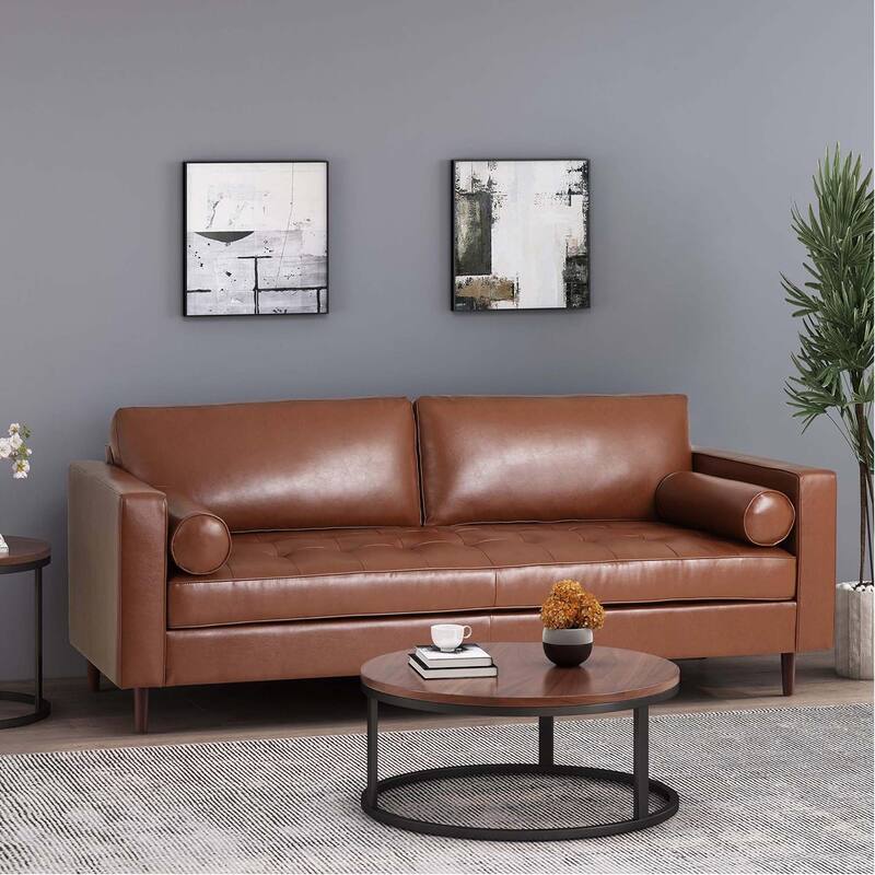 Comfy 3-seat Sofa with Wooden Legs, PU, for Living Room and Study - Brown