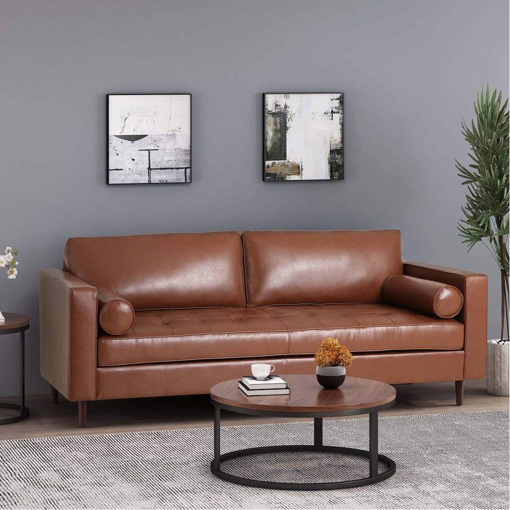 Light Brown Modern 82.25" Faux Leather 3-seater Sofa with Wood Legs for Living Room