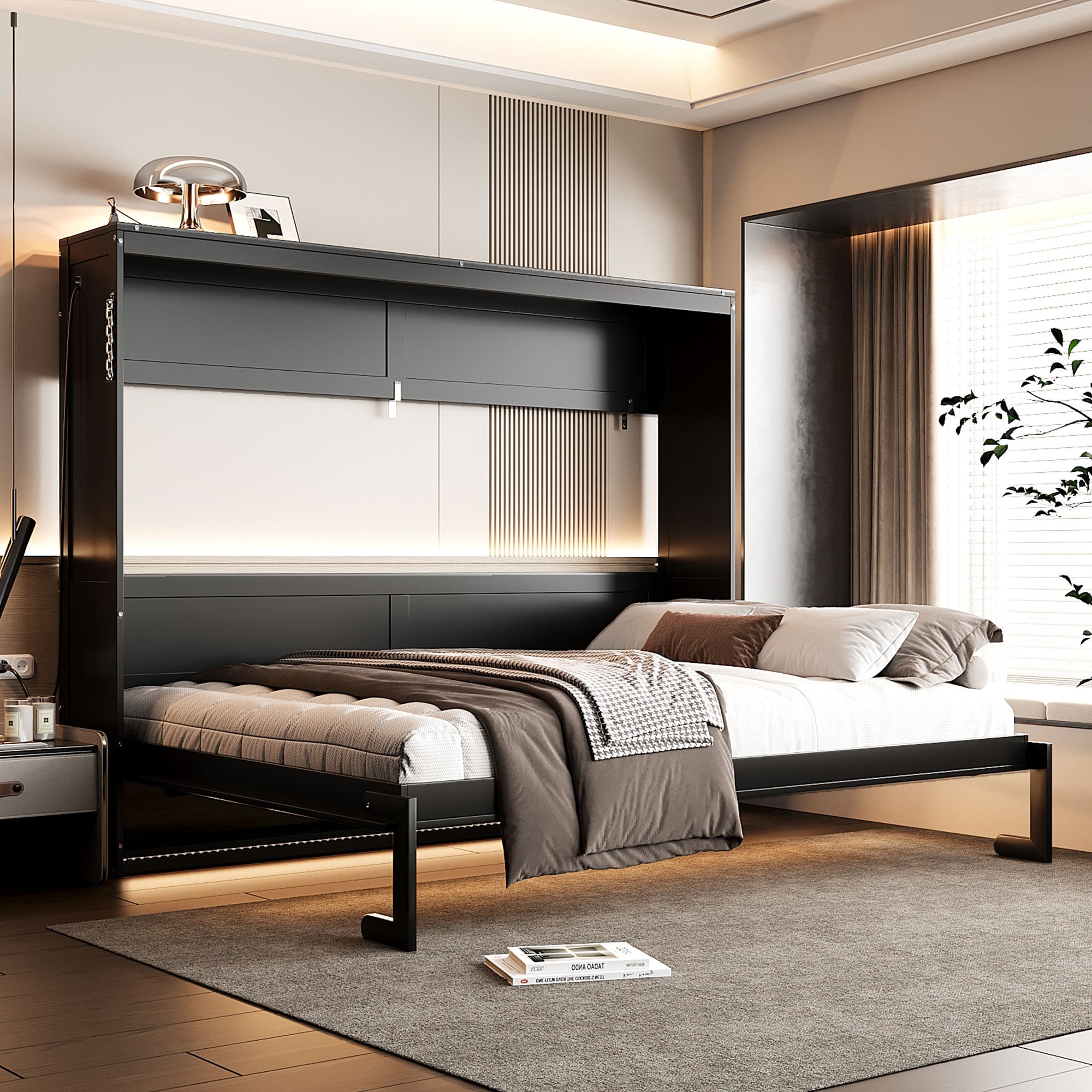 Roomfitters Queen Side-Folding Murphy Bed, Gold Geometric Pattern, Wall Bed with LED & USB Charging For Small Space