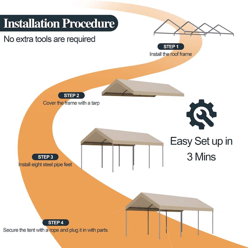 Futzca 10x20ft Heavy Duty Carport with UV Resistant Canopy - N/A