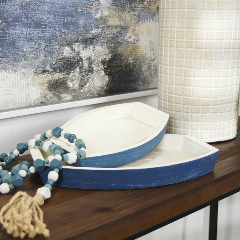 Wood Boat Handmade Distressed Two Toned Tray - Set of 2 Blue - Roche River Decor - 8"W x 13"L x 2"H