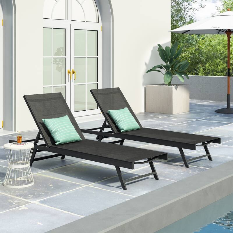 Salton Outdoor Aluminum Chaise Lounge with Mesh Seating (Set of 2) by Christopher Knight Home - Black + Dark Gray