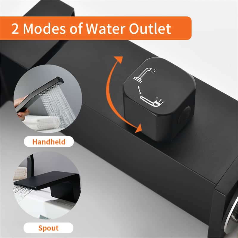 Waterfall Deck Mount Tub Faucet with Hand Shower Brass 3 Holes Modern Matte Black Tub Filler with Valve