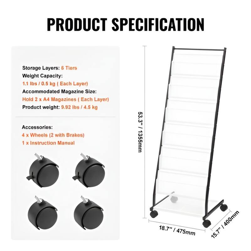 6-Tier Brochure Display Rack with Wheels, Floor Magazine Stand - 20.87 x 17.32 x 52.76 in