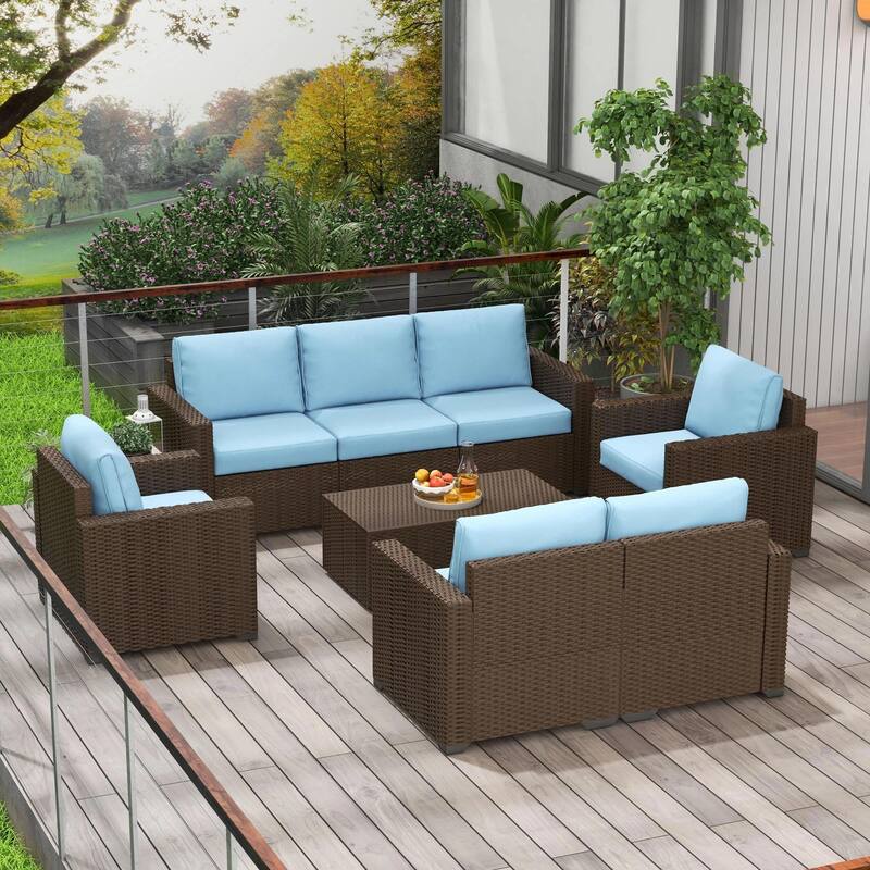 Patio Furniture Set, Cushions, Sofa, Loveseat, Storage Table - Blue