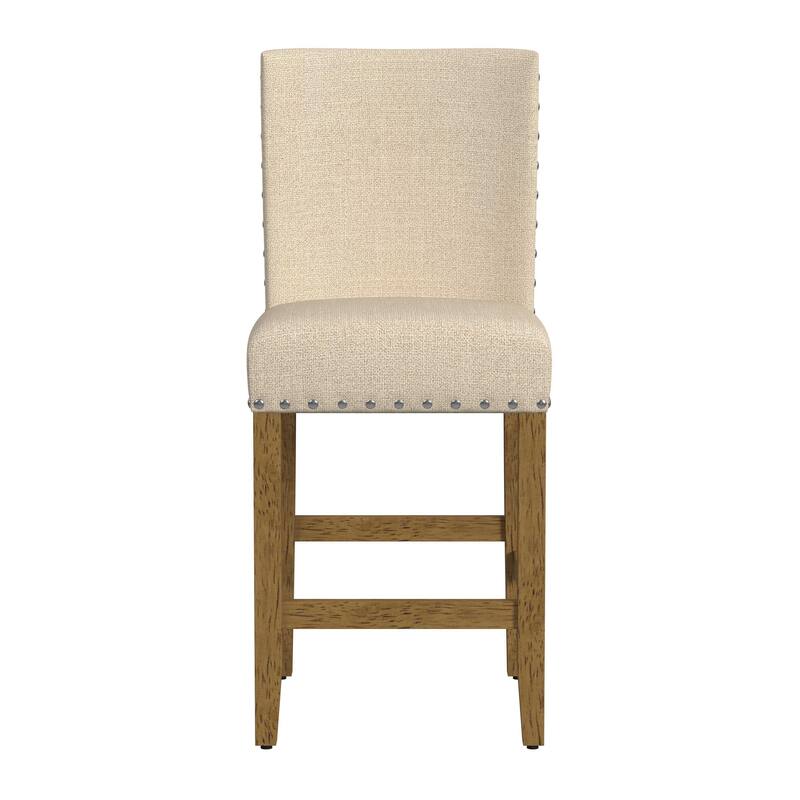 Siem Counter Stool Chair, Brown Beige Polyester Seat, Nailhead Trim
