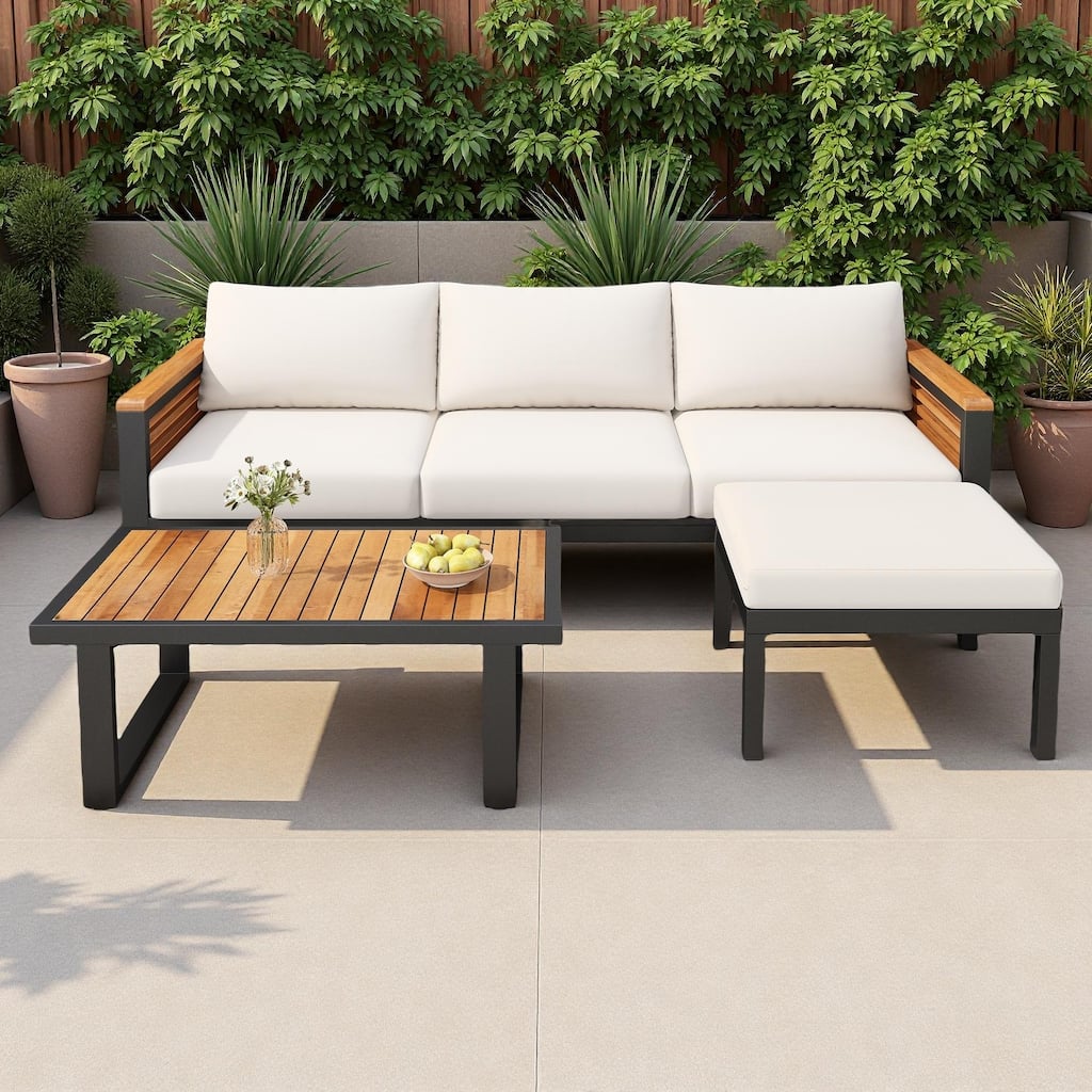 74" Outdoor Patio L-Shaped Acacia Wood Sectional Sofa Set with Coffee Table and Ottoman