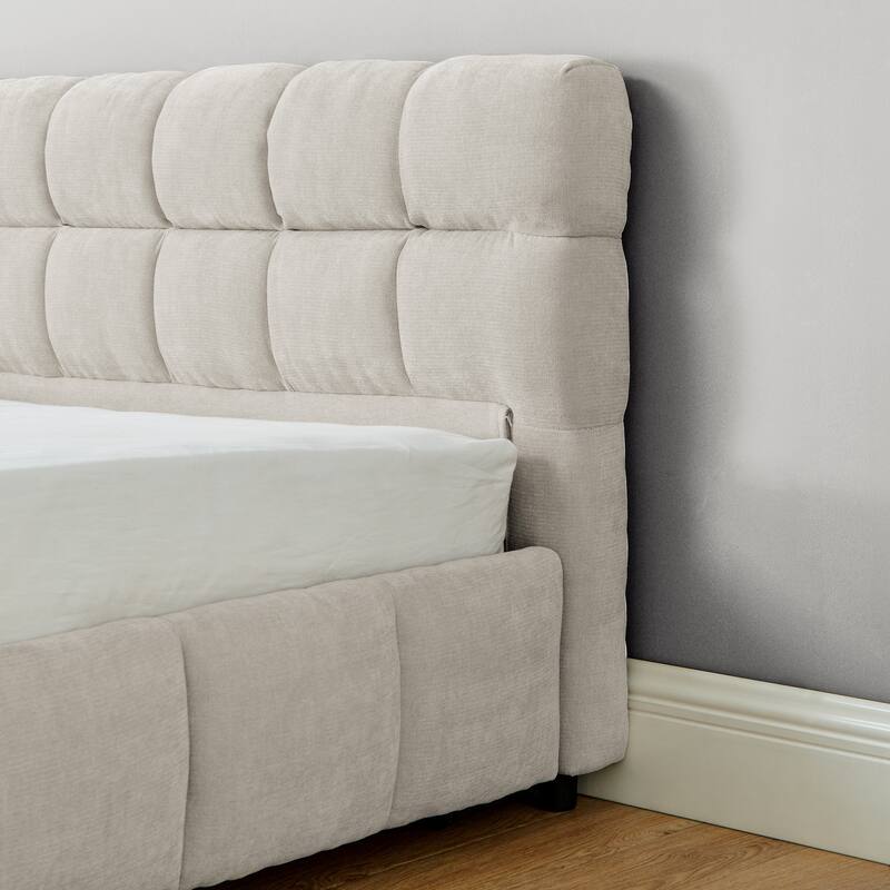 Block Thick Chenille Low Profile Platform Bed Fabric Upholstered Bedframe with Headboard Solid Wood Frame - Optional Storage Bed