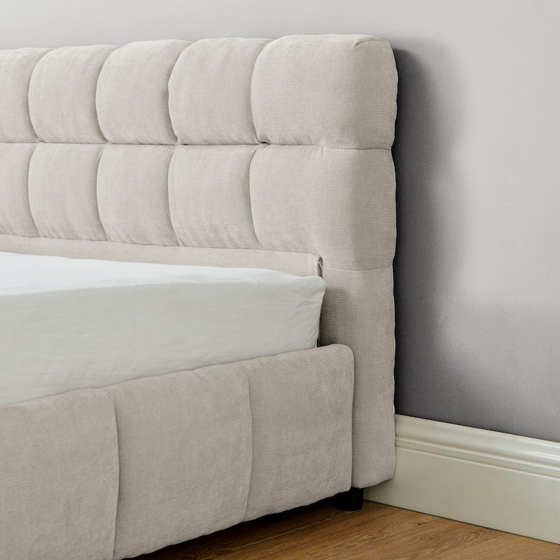 Modern Beige California King Upholstered Bed with Storage Drawers and Chenille Fabric Headboard