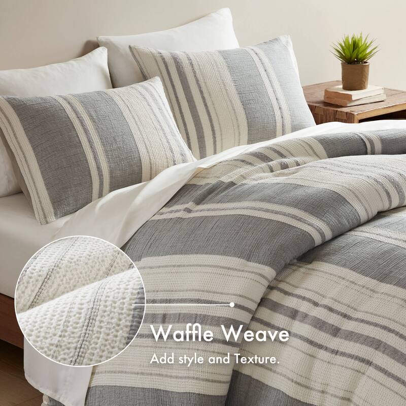 GDF Studio - Amara Textured Cotton Comforter 3-Piece Set with Waffle and Gauze Weave
