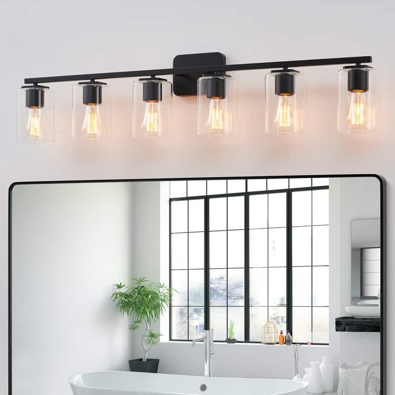 KAWOTI 6-Light Square Clear Glass Shade Vanity Light - Painted Black