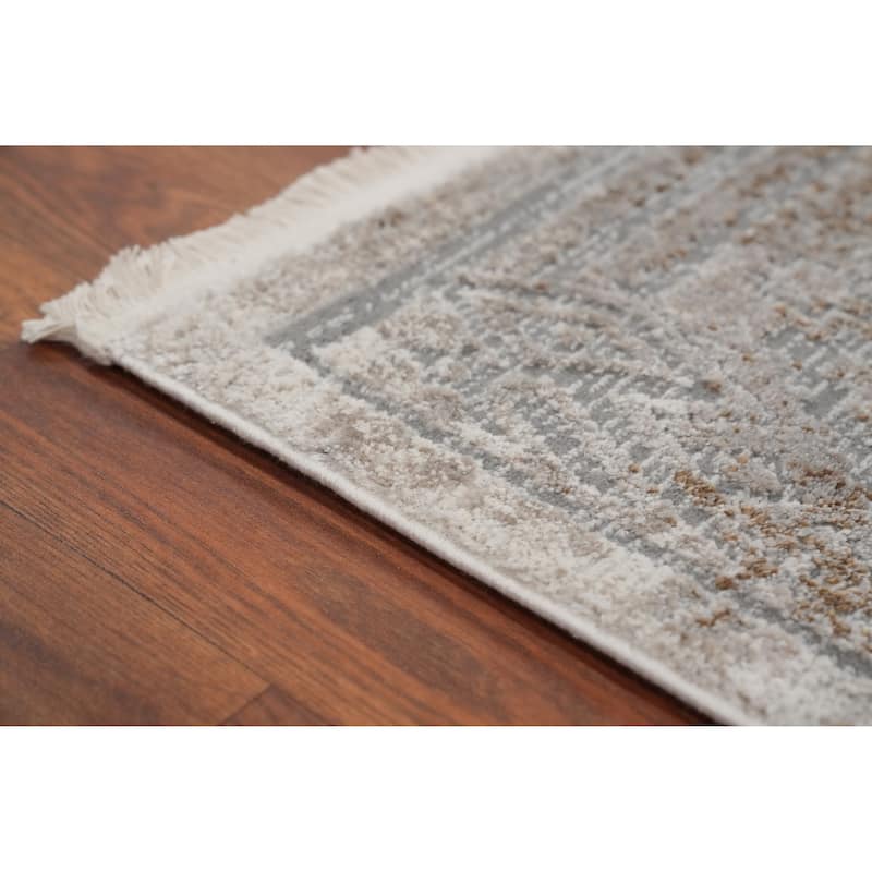 Machine Made Oriental Polyester Carpet Geometric Greys & Charcoal Distressed Area Rug - 7' 5'' X 5' 2''