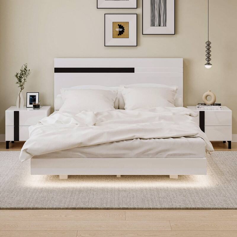 2/3/4-Pc Bedroom Sets Twin/Queen White Platform Bed w/LED/Nightstands/Ottoman/Headboard - Sherpa/High Gloss/Retro/Wood/Acrylic - 3 Piece - Queen - Oak
