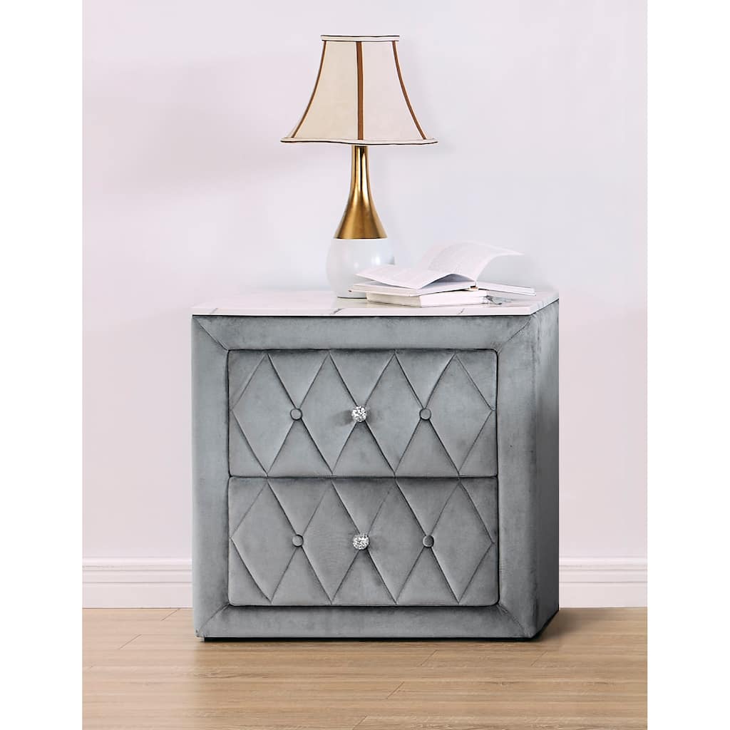 1pc Faux Marble Top Nightstand 2- Drawers Storage