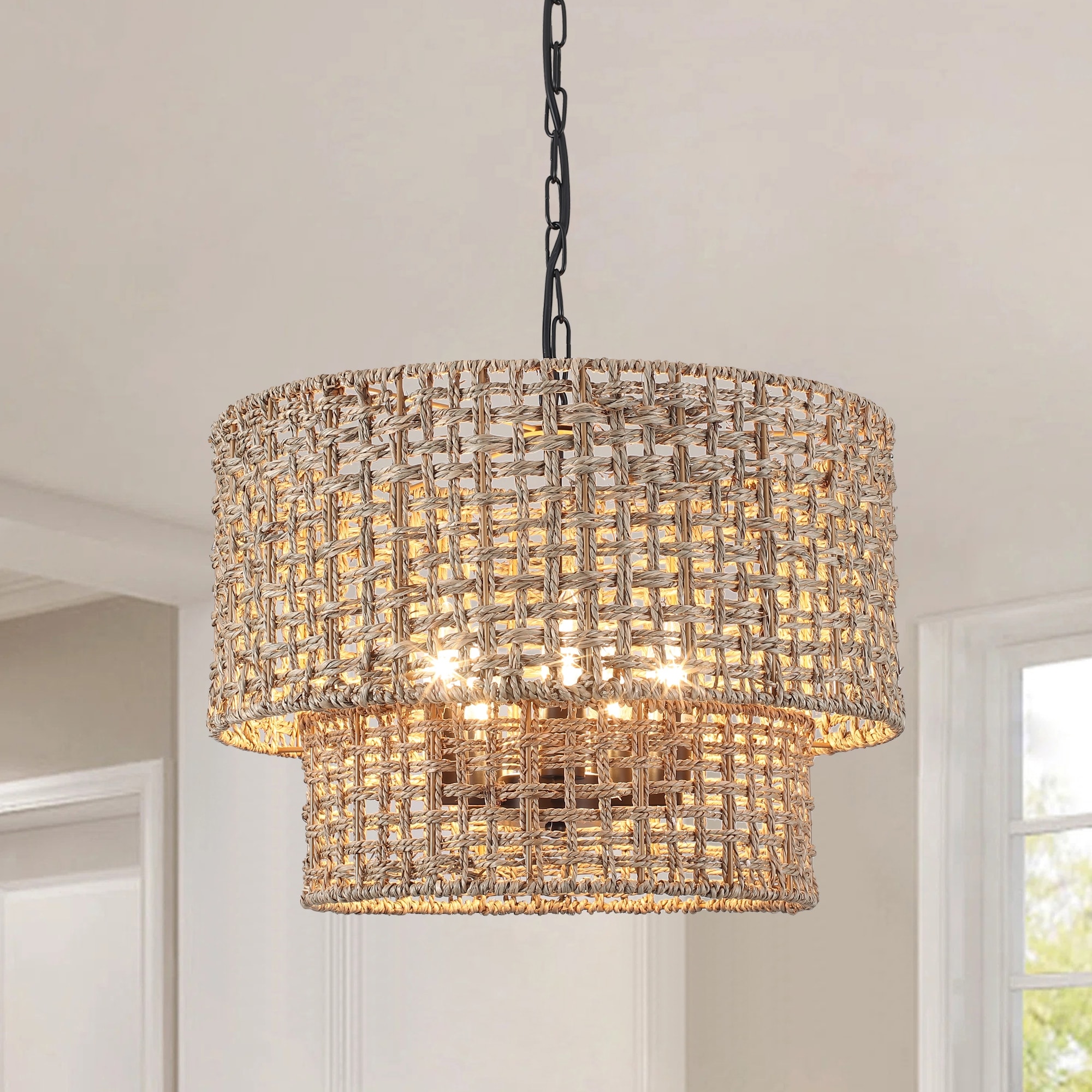 Bohemian 5-Light 2-Tier Seagrass Rattan Drum Chandelier for Kitchen Island Dining Room