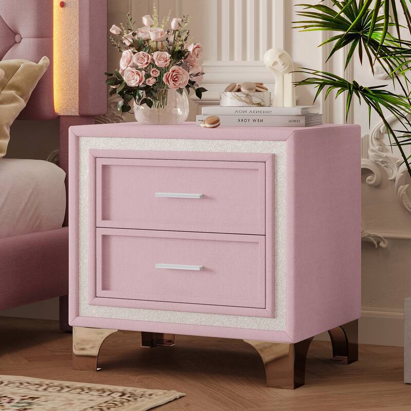3-Pieces Bedroom Sets, Upholstered Platform Bed with Flower Pattern Velvet Headboard ,and Two Nightstands with 2 Drawers