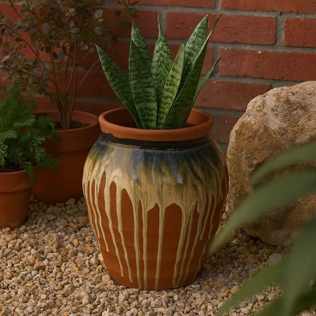 Hino Decorative Vase, Dripping Paint Texture, 13 Inch Brown Ceramic