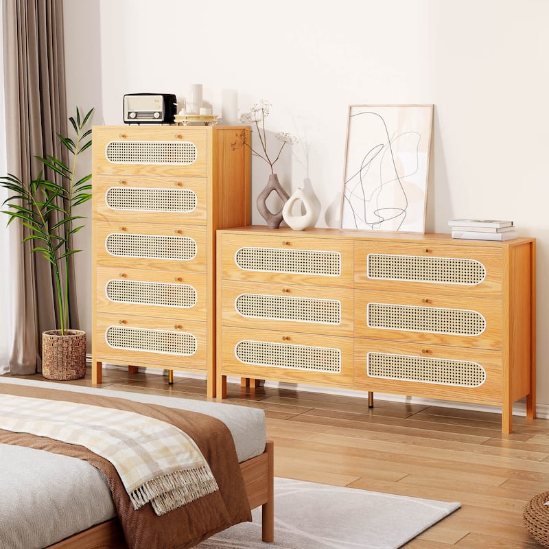Moasis 4-6-Drawer Dresser Chest Drawer Storage Cabinet Rattan Wood Closet