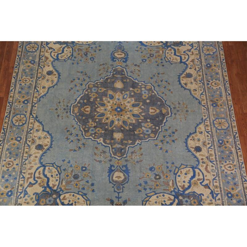 Blue Tabriz Persian Area Rug Oriental Floral Hand-Knotted Wool Carpet - 7'10"x 10'9"