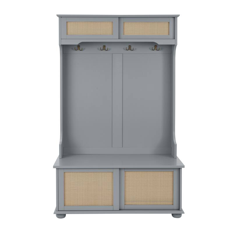 Modern Rattan Door Coat Rack Entryway Storage Bench with Shoe Storage Compartments and Open Shelves