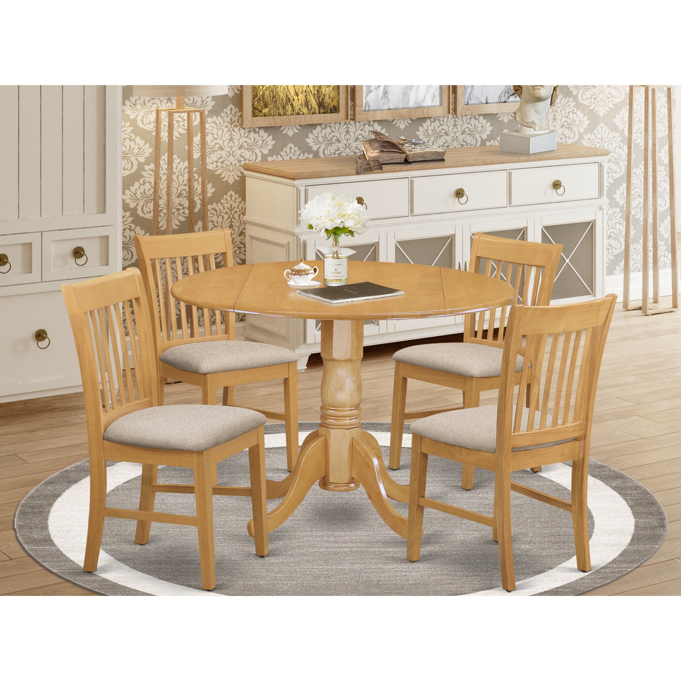 Oak Round Kitchen Table And 4 Chairs 5 Piece Dining Set Overstock 10201193 1 Table 4 Wood Seat Chairs