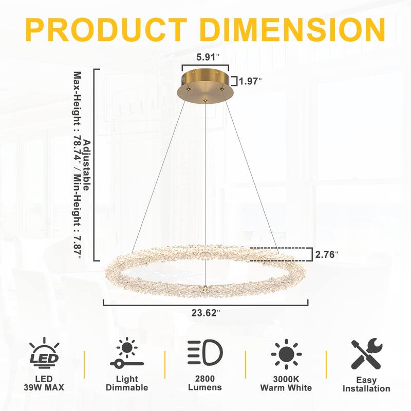Modern Gold Crystal LED Chandelier, Dimmable Ring Light