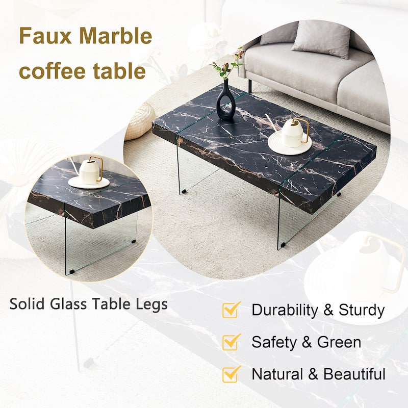 Rectangular Coffee Table with Tempered Glass Legs Wood Side Tables Wood Center Tables for Living Room Reception Room