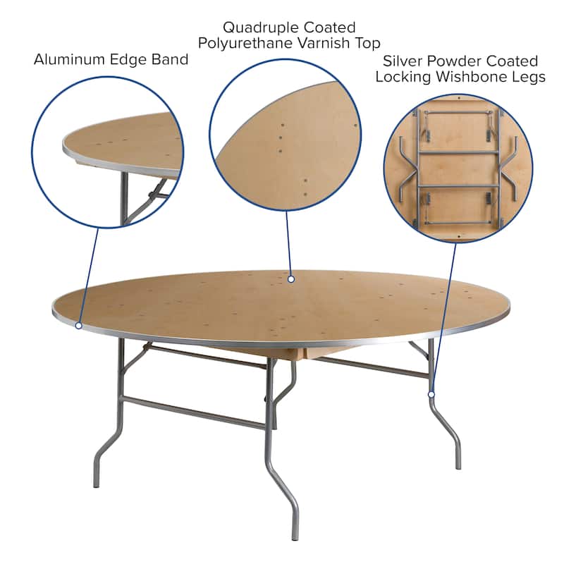 72" Round HEAVY DUTY Birchwood Folding Banquet Table with METAL Edges - 72"W x 72"D x 30"H - 72"W x 72"D x 30"H