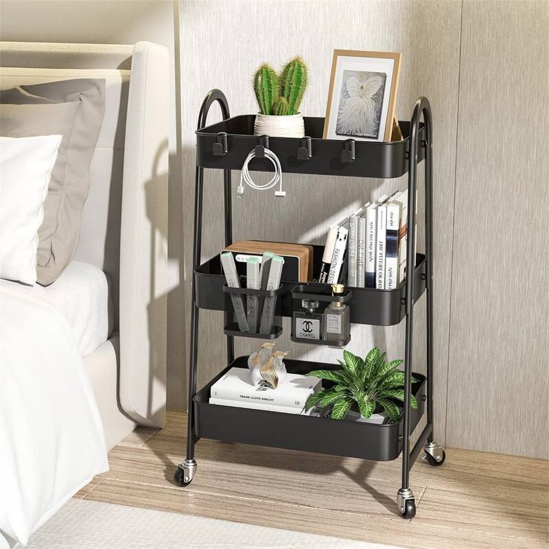 Tier Rolling Cart Metal Rolling Storage Cart with Handle and Lockable Wheels - 12.05"D x 17.52"W x 31.26"H - Black With Basket and Hooks