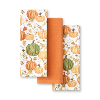 MARTHA STEWART Autumn Harvest Pumpkins 3-Pack Kitchen Towel Set - 16"x28"