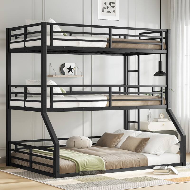 Queen over Queen over Queen Triple Bunk Bed - Metal Frame with Safety Guardrails & Noise Reduced Design - Black
