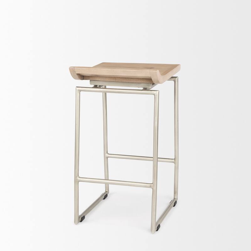 Givens Light Brown Solid Wood with Silver Metal Frame Counter Stool - 14"W x 15.7"D x 25.7"H