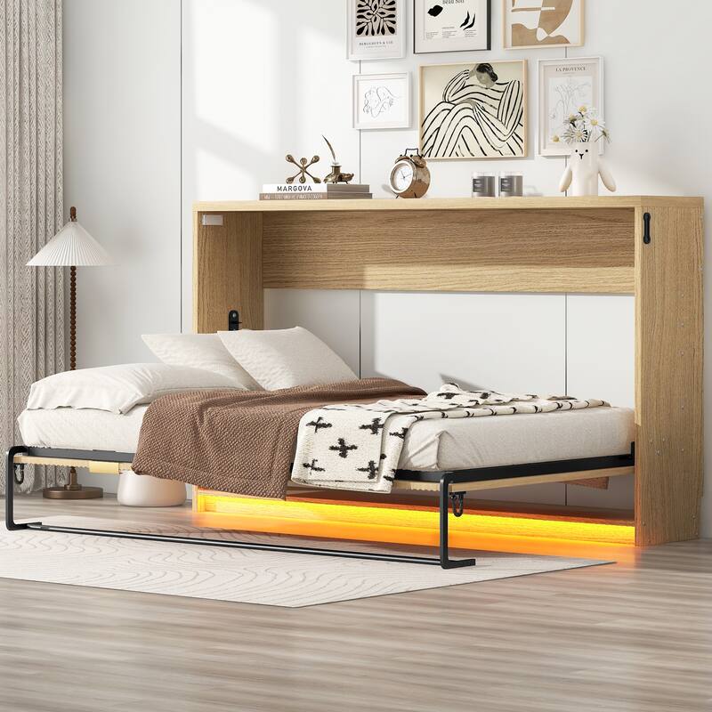Space-Saving Twin XL Murphy Bed with LED Light, Folds into Cabinet, Natural Finish