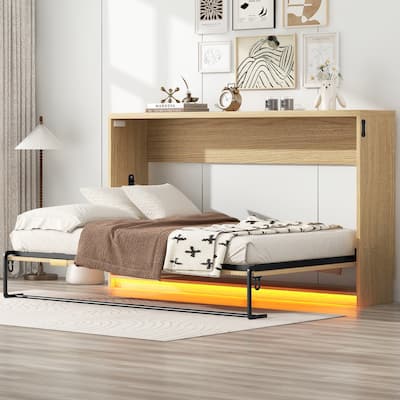 Twin-Size Murphy Bed with LED Lighting, Folds into a Cabinet, Natural Finish
