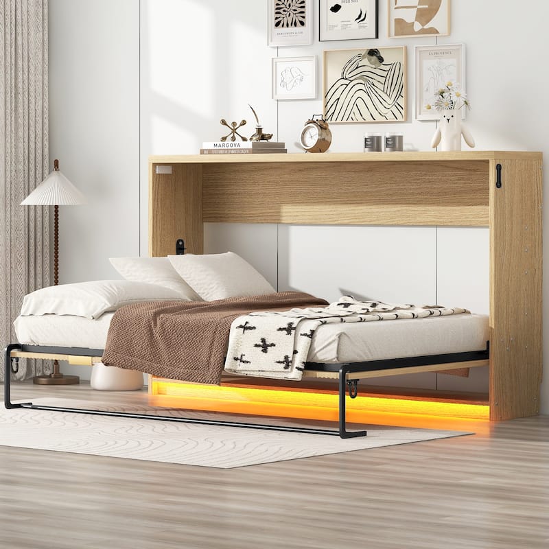 Twin XL Size Murphy Bed with Bottom LED Light, Foldable into Cabinet, Natural