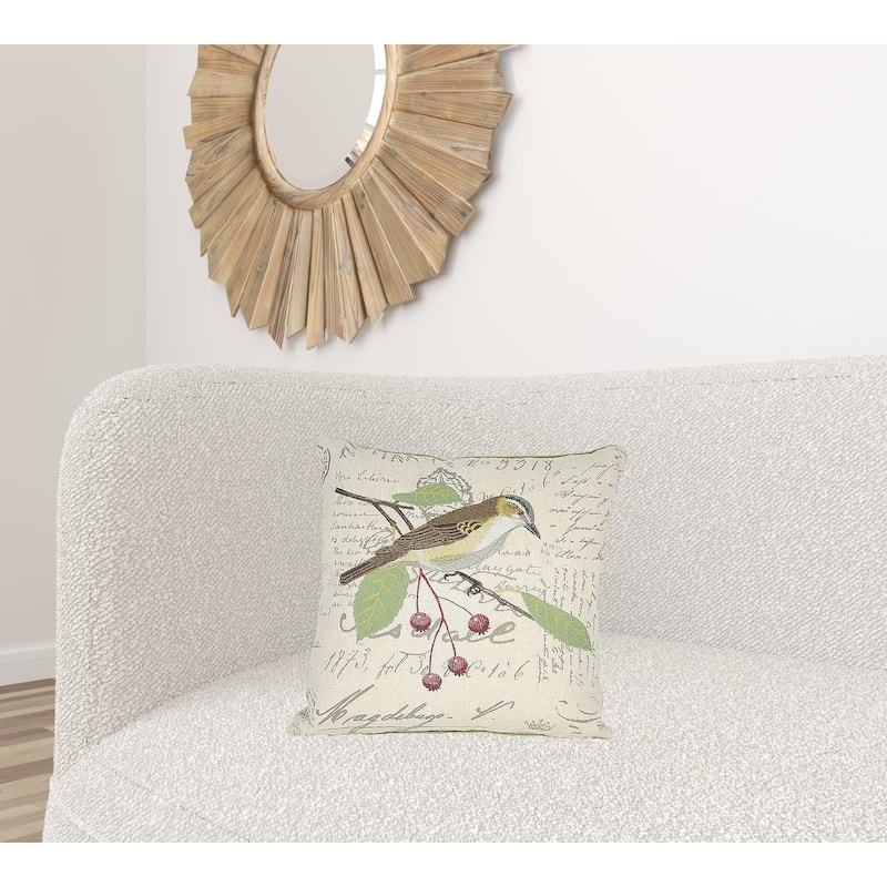 18"x18" Beige and Green Bird Linen Blend Bird Print Zippered Pillow