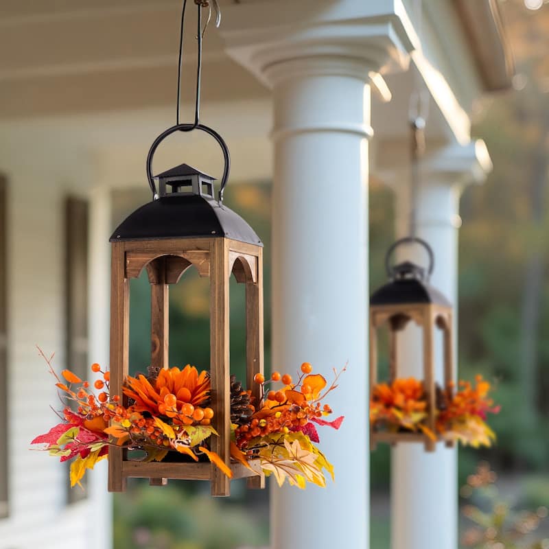 Glitzhome 20"H Fall Pumpkin Sunflower Pine Cone Wooden Hanging Lantern Table Centerpiece - Set of 2-Orange
